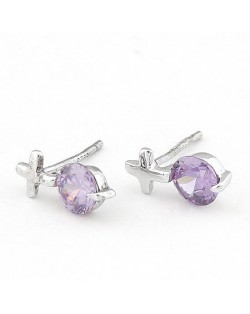 Zircon Inlaid Cross Design Ear Studs - Violet