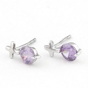 Zircon Inlaid Cross Design Ear Studs - Violet