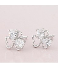 Zircon Embedded Clover Ear Studs - Transparent