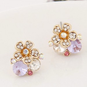 Shining Rhinestone Inlaid Flower and Gems Fashion Ear Studs - Violet