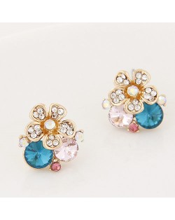 Shining Rhinestone Inlaid Flower and Gems Fashion Ear Studs - Blue