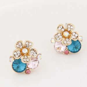 Shining Rhinestone Inlaid Flower and Gems Fashion Ear Studs - Blue