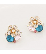 Shining Rhinestone Inlaid Flower and Gems Fashion Ear Studs - Blue