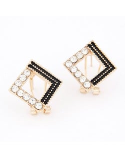 Korean Fashion Rhinestone Embedded and Golden Studs Combo Square Earrings - Black