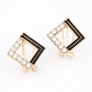 Korean Fashion Rhinestone Embedded and Golden Studs Combo Square Earrings - Black