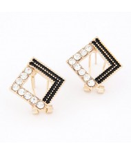 Korean Fashion Rhinestone Embedded and Golden Studs Combo Square Earrings - Black