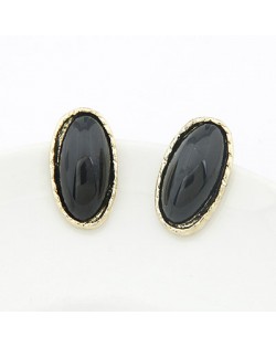 Korean Fashion Golden Rim Elliptic Ear Studs - Black