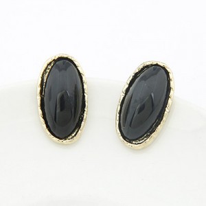 Korean Fashion Golden Rim Elliptic Ear Studs - Black