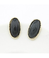 Korean Fashion Golden Rim Elliptic Ear Studs - Black