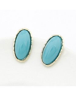 Korean Fashion Golden Rim Elliptic Ear Studs - Blue