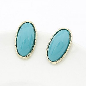 Korean Fashion Golden Rim Elliptic Ear Studs - Blue