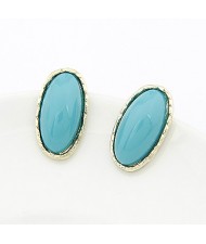Korean Fashion Golden Rim Elliptic Ear Studs - Blue