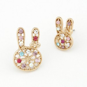 Korean Style Golden Hollow-out Czech Stones Decorated Bunny Ear Studs