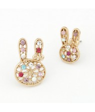 Korean Style Golden Hollow-out Czech Stones Decorated Bunny Ear Studs