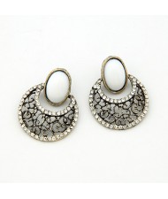 Vintage Hollow-out Court Design with Rhinestones Inlaid Ear Studs - White