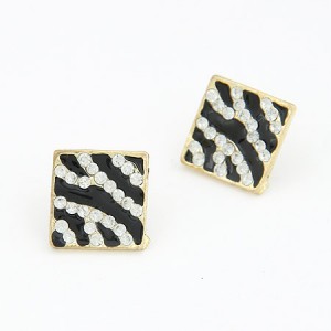 Rhinestones Inlaid Black Strips Square Ear Studs