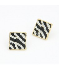 Rhinestones Inlaid Black Strips Square Ear Studs