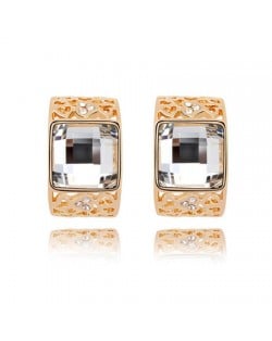 Korean Fashion Square Gem Embedded Golden Hollow-out Ear Studs - Transparent