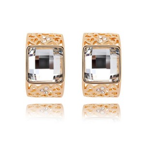 Korean Fashion Square Gem Embedded Golden Hollow-out Ear Studs - Transparent