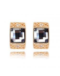 Korean Fashion Square Gem Embedded Golden Hollow-out Ear Studs - Black