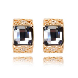 Korean Fashion Square Gem Embedded Golden Hollow-out Ear Studs - Black