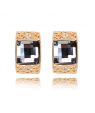 Korean Fashion Square Gem Embedded Golden Hollow-out Ear Studs - Black