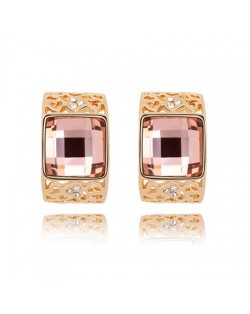 Korean Fashion Square Gem Embedded Golden Hollow-out Ear Studs - Light Coffee