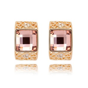 Korean Fashion Square Gem Embedded Golden Hollow-out Ear Studs - Light Coffee