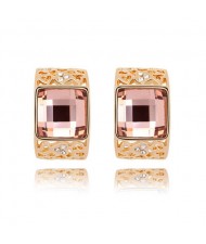 Korean Fashion Square Gem Embedded Golden Hollow-out Ear Studs - Light Coffee