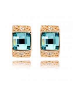 Korean Fashion Square Gem Embedded Golden Hollow-out Ear Studs - Blue