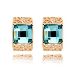 Korean Fashion Square Gem Embedded Golden Hollow-out Ear Studs - Blue