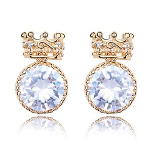 Exquisite Golden Crown Style Round Zircon Ear Studs - Transparent