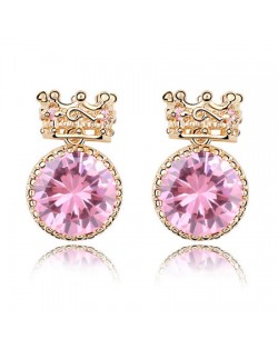 Exquisite Golden Crown Style Round Zircon Ear Studs - Pink