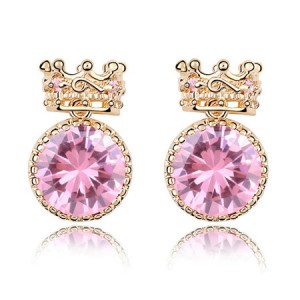 Exquisite Golden Crown Style Round Zircon Ear Studs - Pink