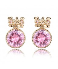 Exquisite Golden Crown Style Round Zircon Ear Studs - Pink