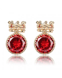 Exquisite Golden Crown Style Round Zircon Ear Studs - Red