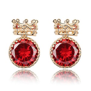 Exquisite Golden Crown Style Round Zircon Ear Studs - Red