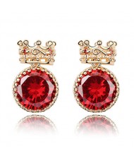 Exquisite Golden Crown Style Round Zircon Ear Studs - Red