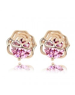 Korean Fashion Golden Hollow-out Rose Covered Zircon Ear Studs - Pink