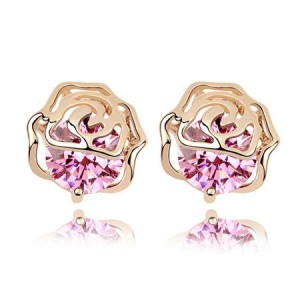 Korean Fashion Golden Hollow-out Rose Covered Zircon Ear Studs - Pink