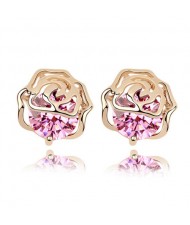 Korean Fashion Golden Hollow-out Rose Covered Zircon Ear Studs - Pink