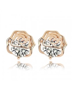 Korean Fashion Golden Hollow-out Rose Covered Zircon Ear Studs - Transparent