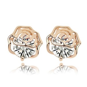 Korean Fashion Golden Hollow-out Rose Covered Zircon Ear Studs - Transparent