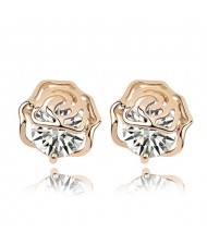 Korean Fashion Golden Hollow-out Rose Covered Zircon Ear Studs - Transparent