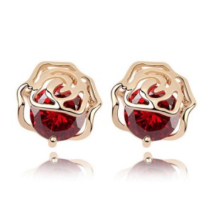 Korean Fashion Golden Hollow-out Rose Covered Zircon Ear Studs - Red