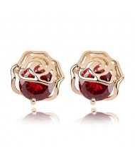 Korean Fashion Golden Hollow-out Rose Covered Zircon Ear Studs - Red