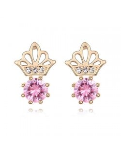 Korean Crown Style Zircon Inlaid Ear Studs - Pink