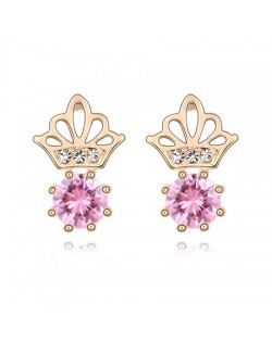 Korean Crown Style Zircon Inlaid Ear Studs - Pink