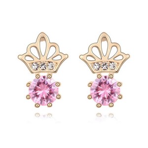 Korean Crown Style Zircon Inlaid Ear Studs - Pink