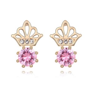 Korean Crown Style Zircon Inlaid Ear Studs - Pink